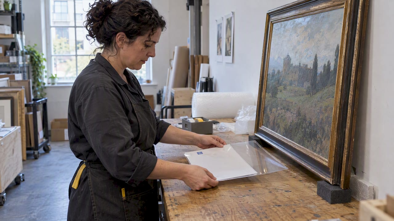Gallery certificate prepared beside a framed painting