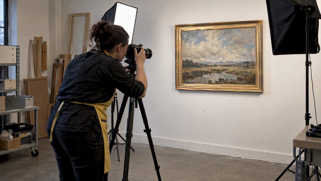Gallery staff member photographing a painting evenly