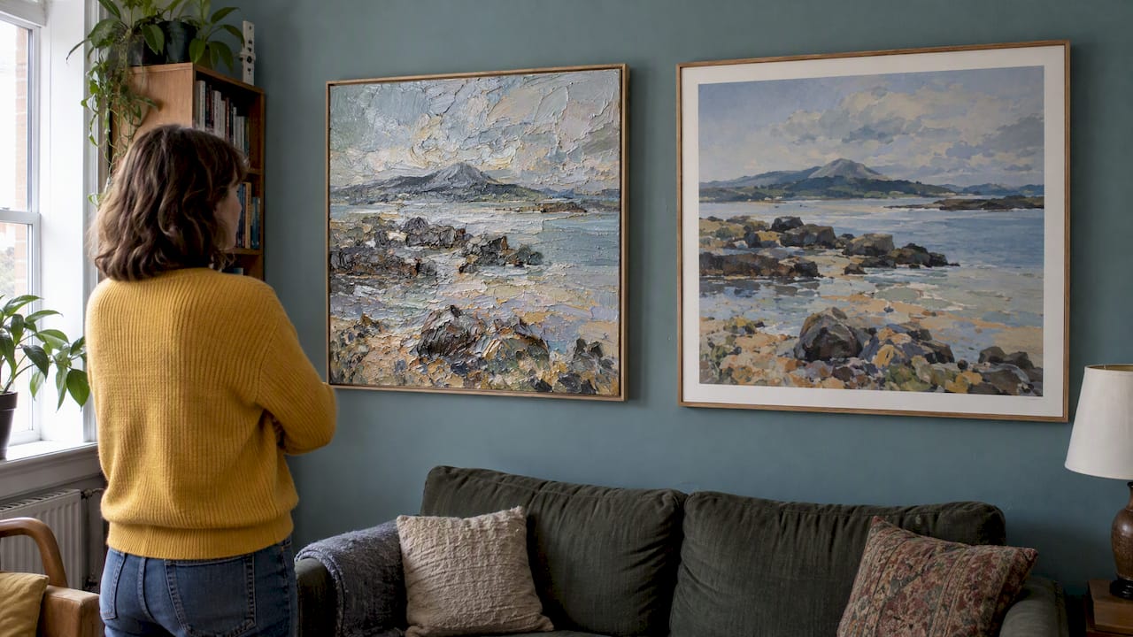 Original painting beside a matching art print