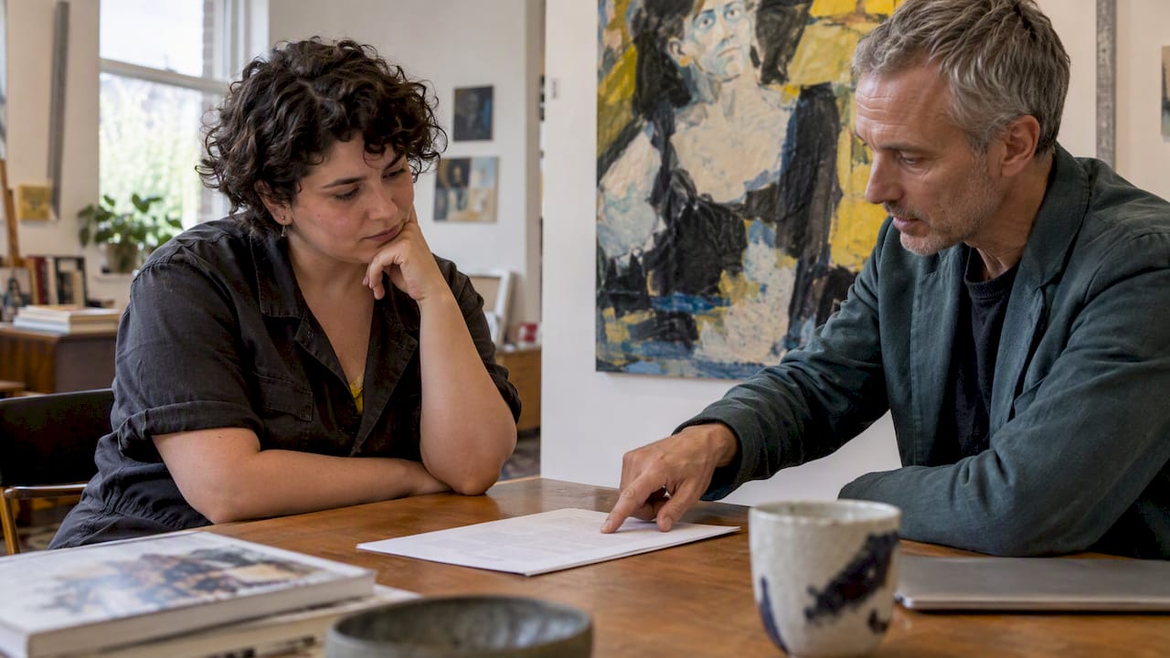 Artist and gallery owner discussing commission terms