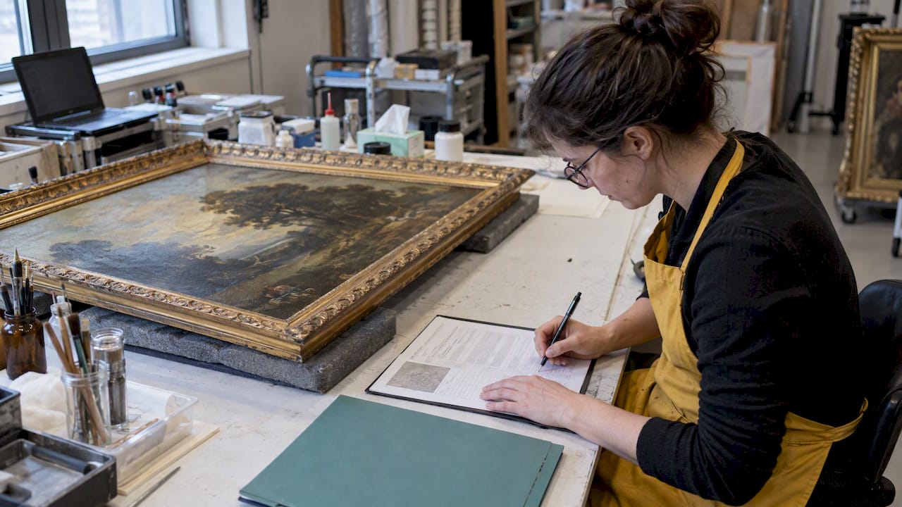 Registrar completing an artwork condition report