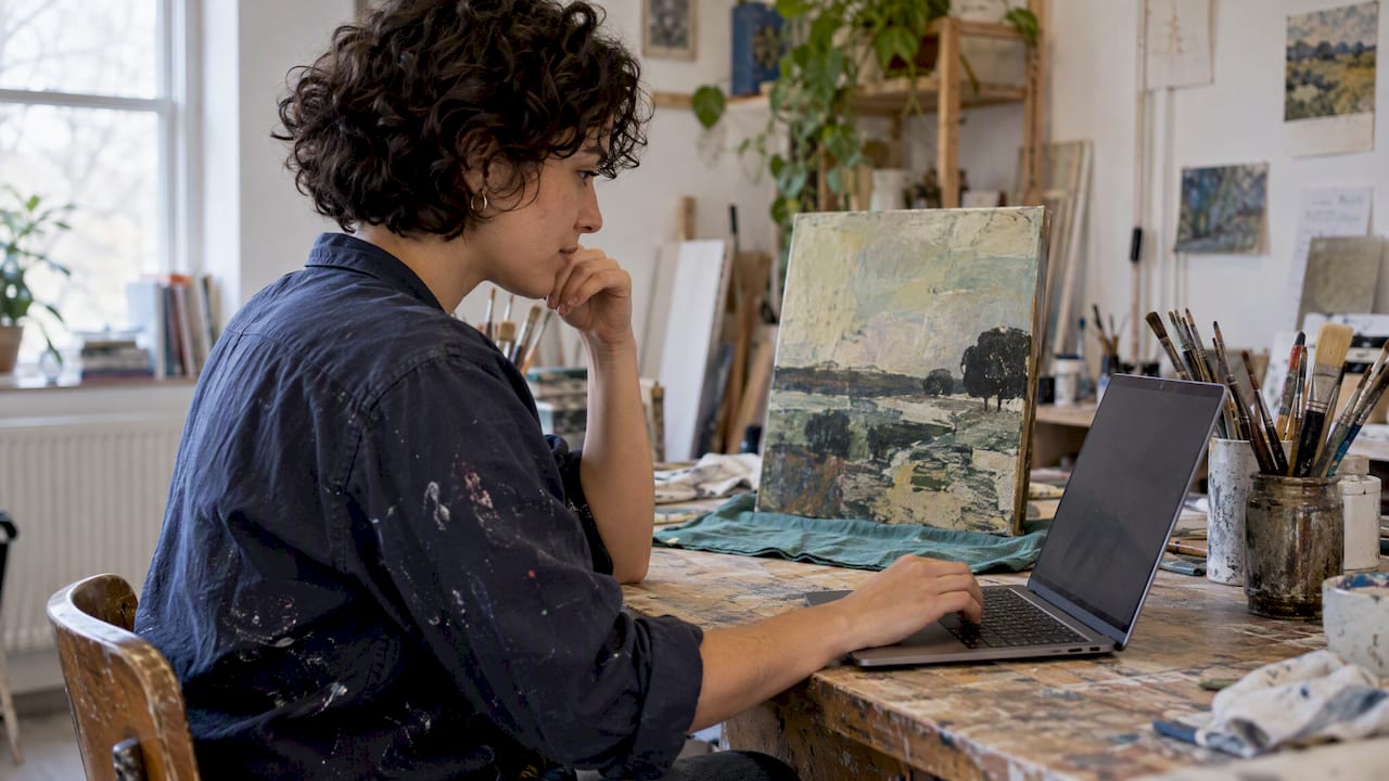 Artist entering a title beside a finished canvas