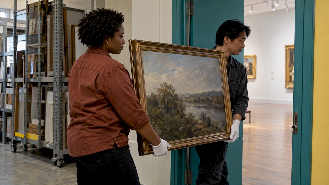 Handlers carry framed artwork through a doorway